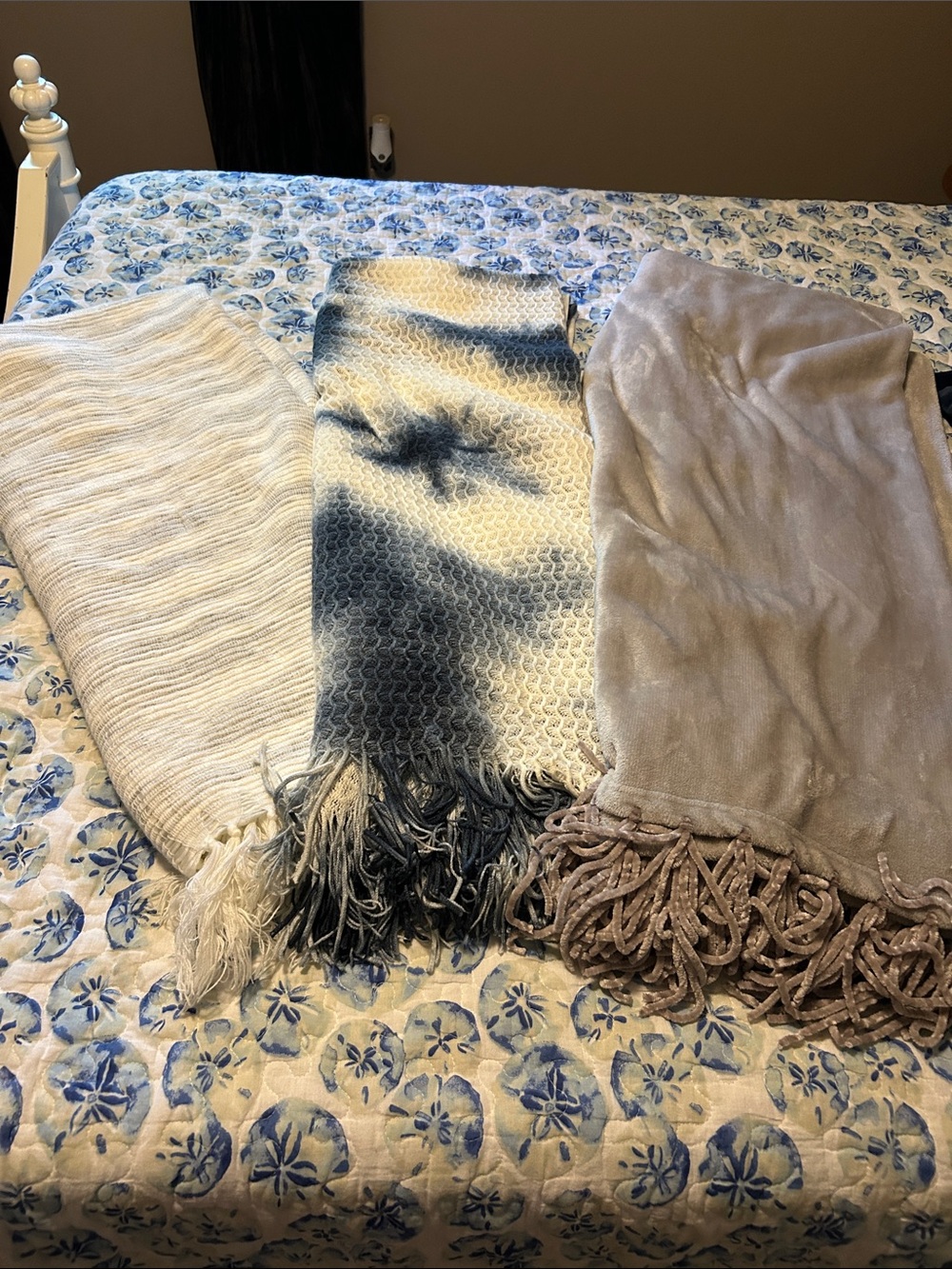 Plush Fringe Throw Blanket Trio - White, Blue Tie-Dye, Taupe